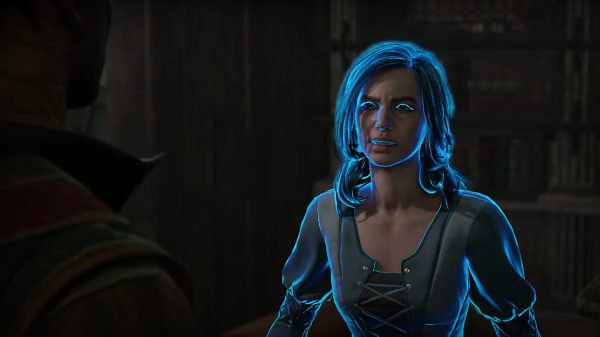 animated woman with blue glowing aura.